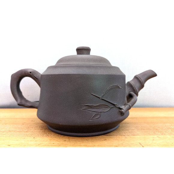 Yixing Teapot Chinese Unglazed w Bamboo Motif Handmade Zisha Clay Signed - Picture 2 of 11